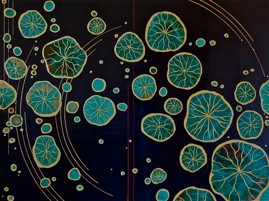 Midnight Lotus 2015 36 x 48" Acrylics and metal leaf on panel